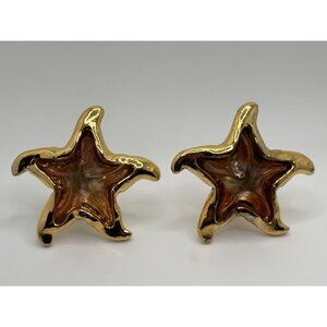 Vintage Jacky de G France Lucite Star Shaped Large Gold Tone Clip On Earrings